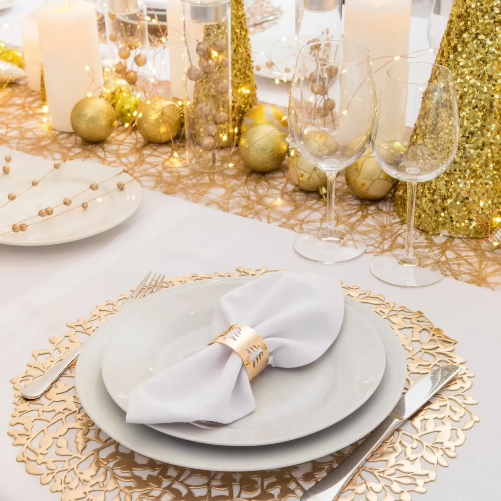 a table set with plates and glasses